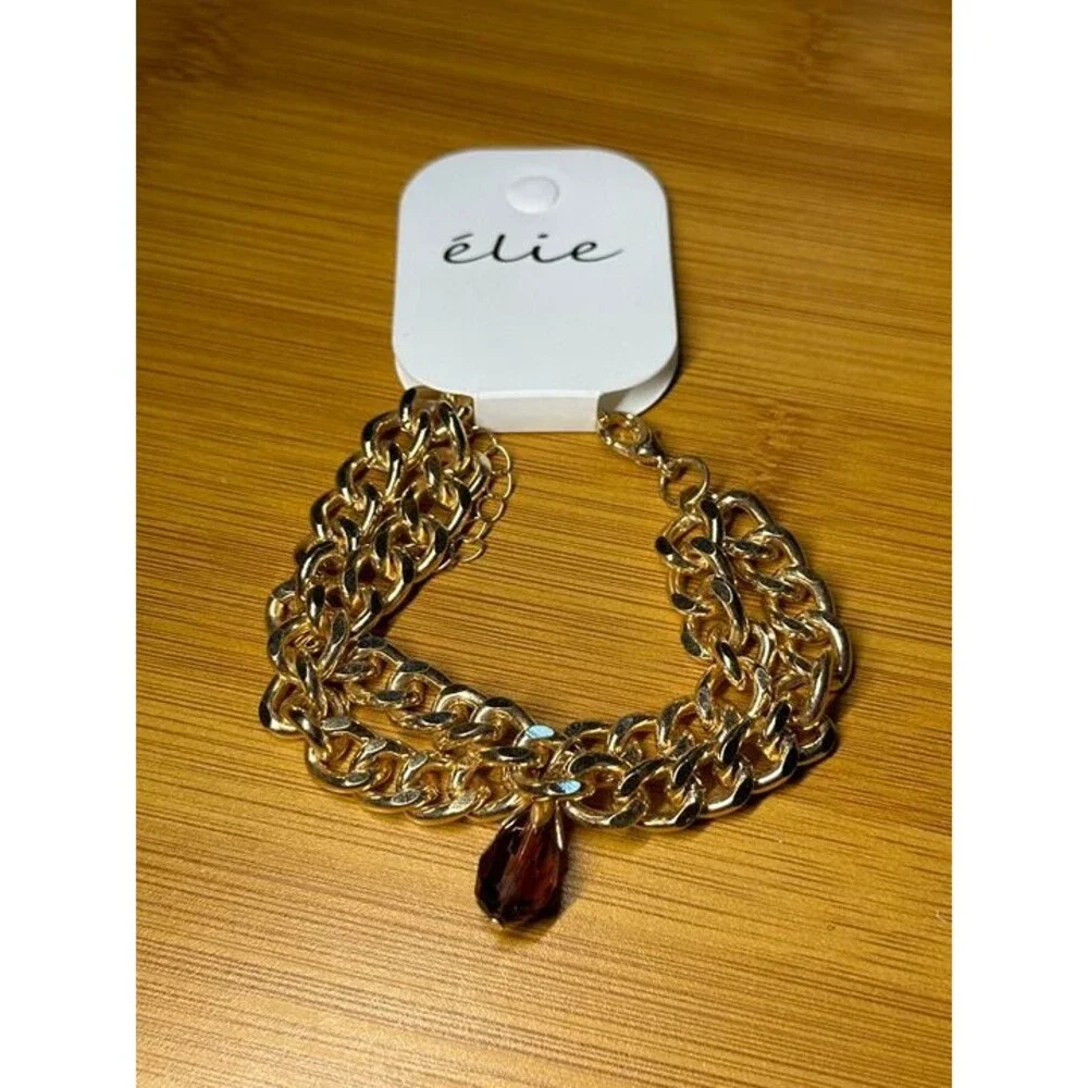 élie Gold Chunky Chain Bracelet Brown Teardrop Charm NWT New Boho Jewelry Gift